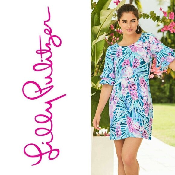 Lilly Pulitzer Lula Shift Dress Mister Pink Floral Birds Ruffle Sleeve size XS - Picture 5 of 9